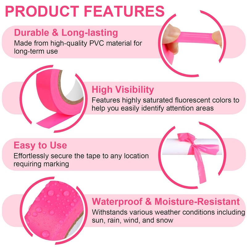 Rindion 6 Rolls Pink Flagging Tape, 0.7in X 98.4ft(Total 590.4ft) Non-Adhesive Neon Marking Tape, Plastic Survey Ribbon Rolls for Location Marking, Cable Bundling, Tree Labeling, Hunting, Construction Sites - Image 4